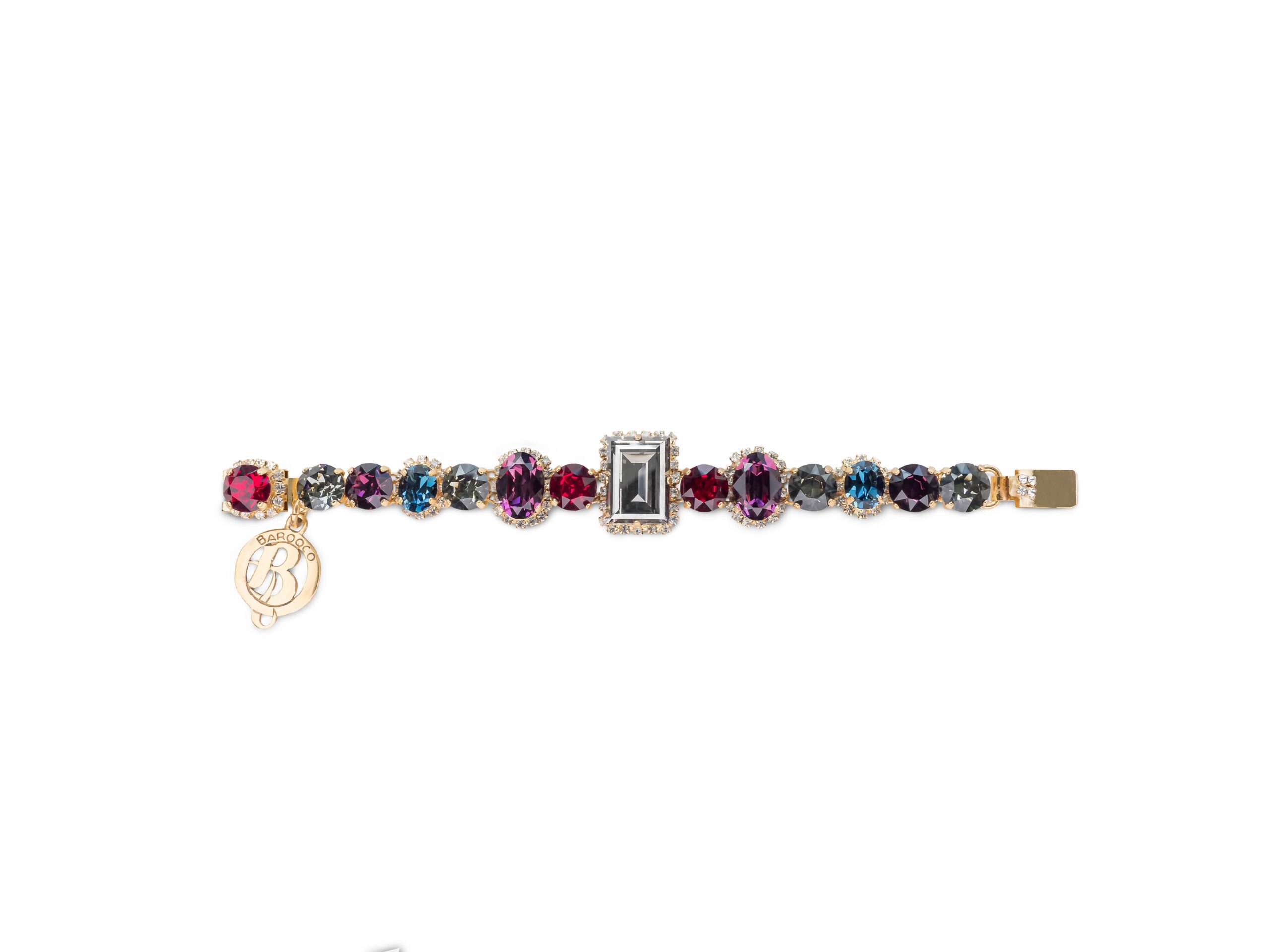 Elegant and gracious, the Leah Bracelet features round, oval, and rectangular center stones framed by smaller clear SWAROVSKI CRYSTALS©. Available in two styles, it is set on a palladium or gold chain. This unique piece looks stunning on its own or layered with other BAROQCO bracelets for a stacked effect. Pair it with matching Genesis earrings to complete your signature look.